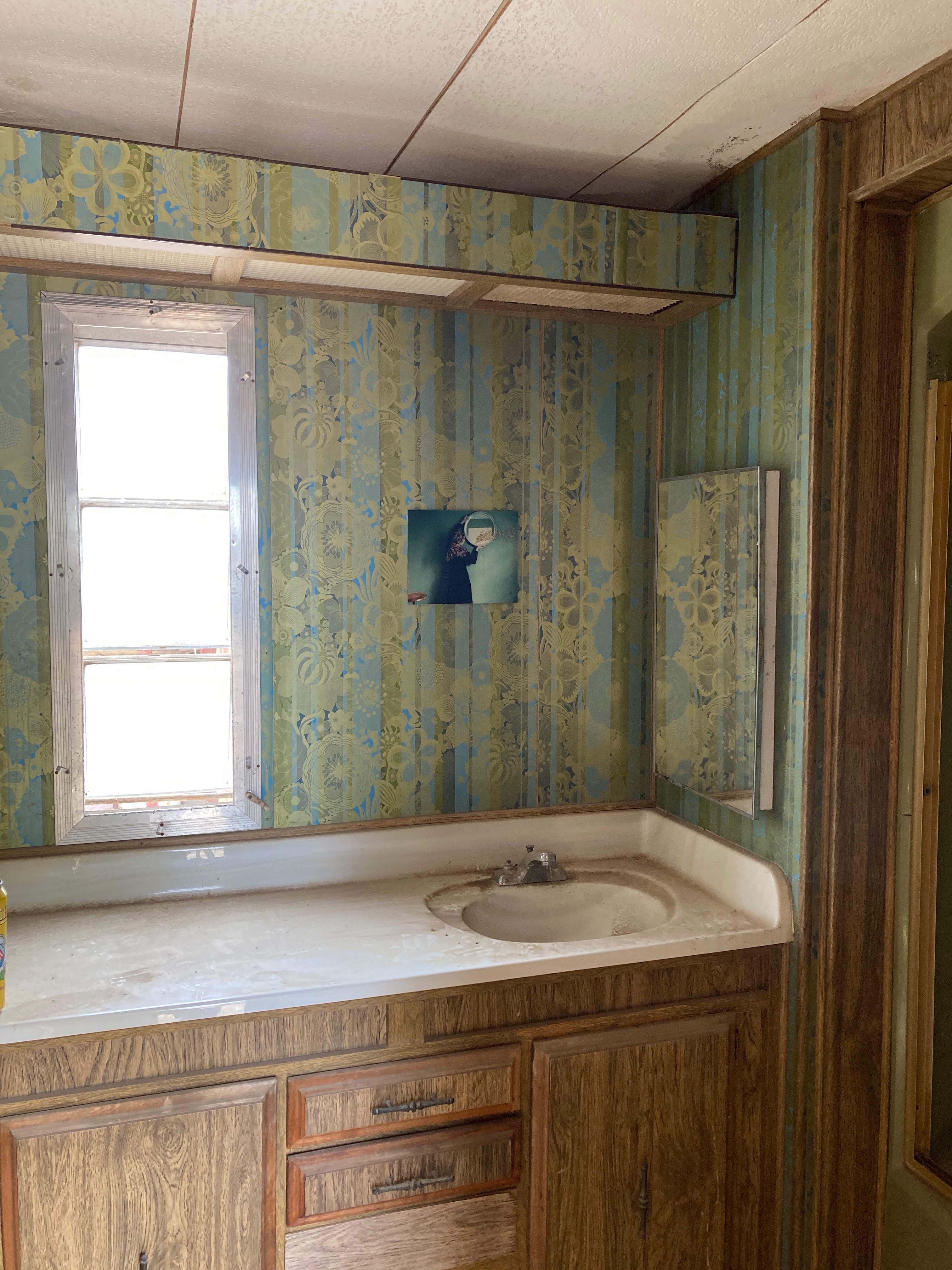 a decaying yet opulently wallpapered trailer bathroom